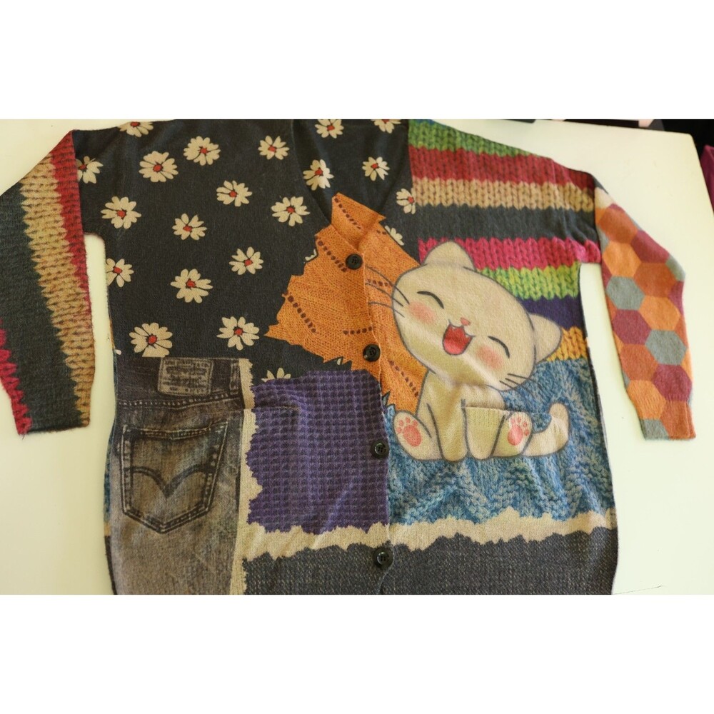 YESNO Womens Whimsical AOP Cat Print Button Oversize Sweater Wool Blend - Picture 11 of 11